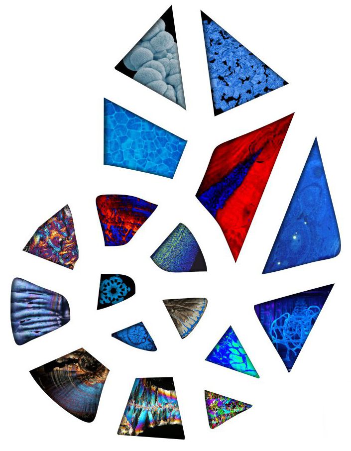 Abstract collage of colorful, irregular shapes with vivid patterns in logo shape. The tones range from deep blues and reds to dynamic textures, creating a lively mosaic.